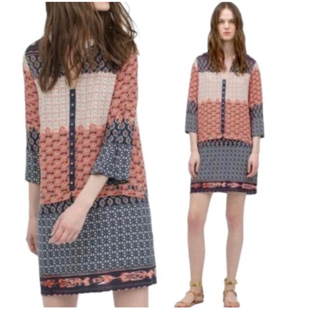 Zara Basic Boho Paisley Patchwork Tunic Dress Mini 3/4 Sleeve Navy Orange XS